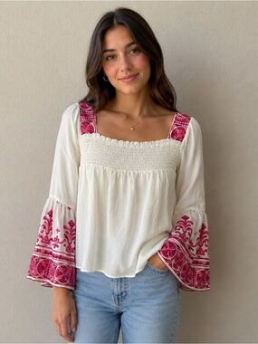 Wrangler Cream Peasant Blouse with Pink Embroidered and Bell Sleeves size L